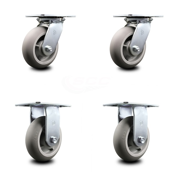 6 Inch Thermoplastic Caster Set with Roller Bearings 2 Swivel 2 Rigid SCC